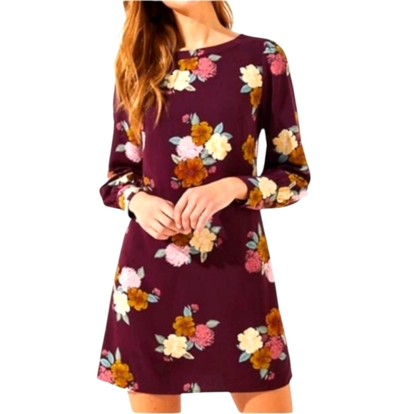 Loft Demure Soft Girl Burgundy Dark Floral Long Sleeve Dress Sz 14 tall - Picture 1 of 10